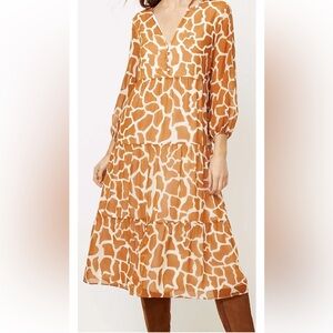 LOFT Animal Print Boho Tiered Midi Dress Tan Safari Long Sleeve Fall Size M EUC